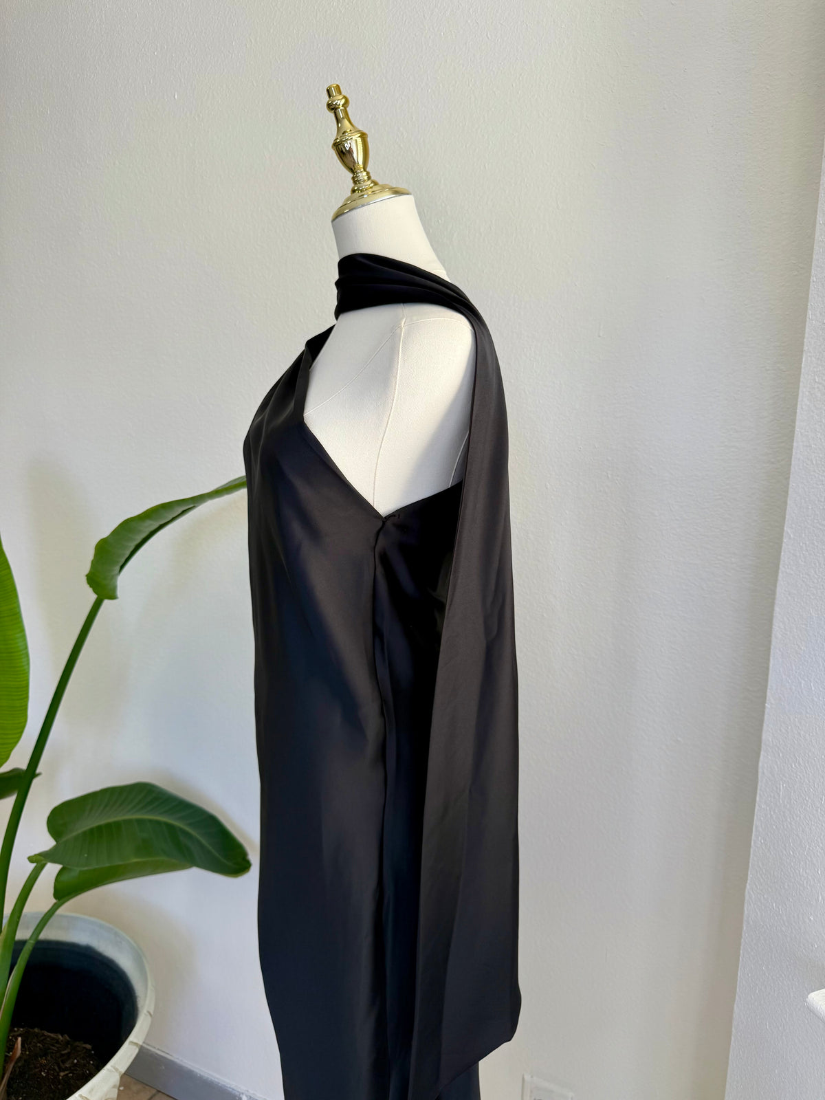Satin Black Dress — Dress Sol y Arena Boutique, side view with cape drape