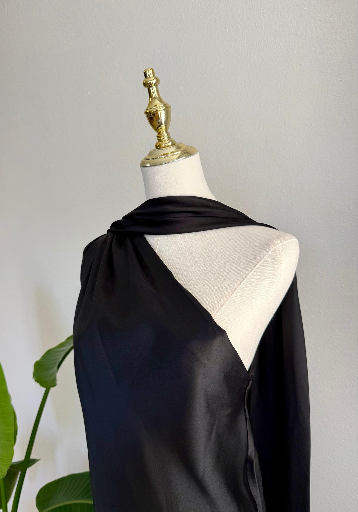 Satin Black Dress — Dress Sol y Arena Boutique, draped neckline detail